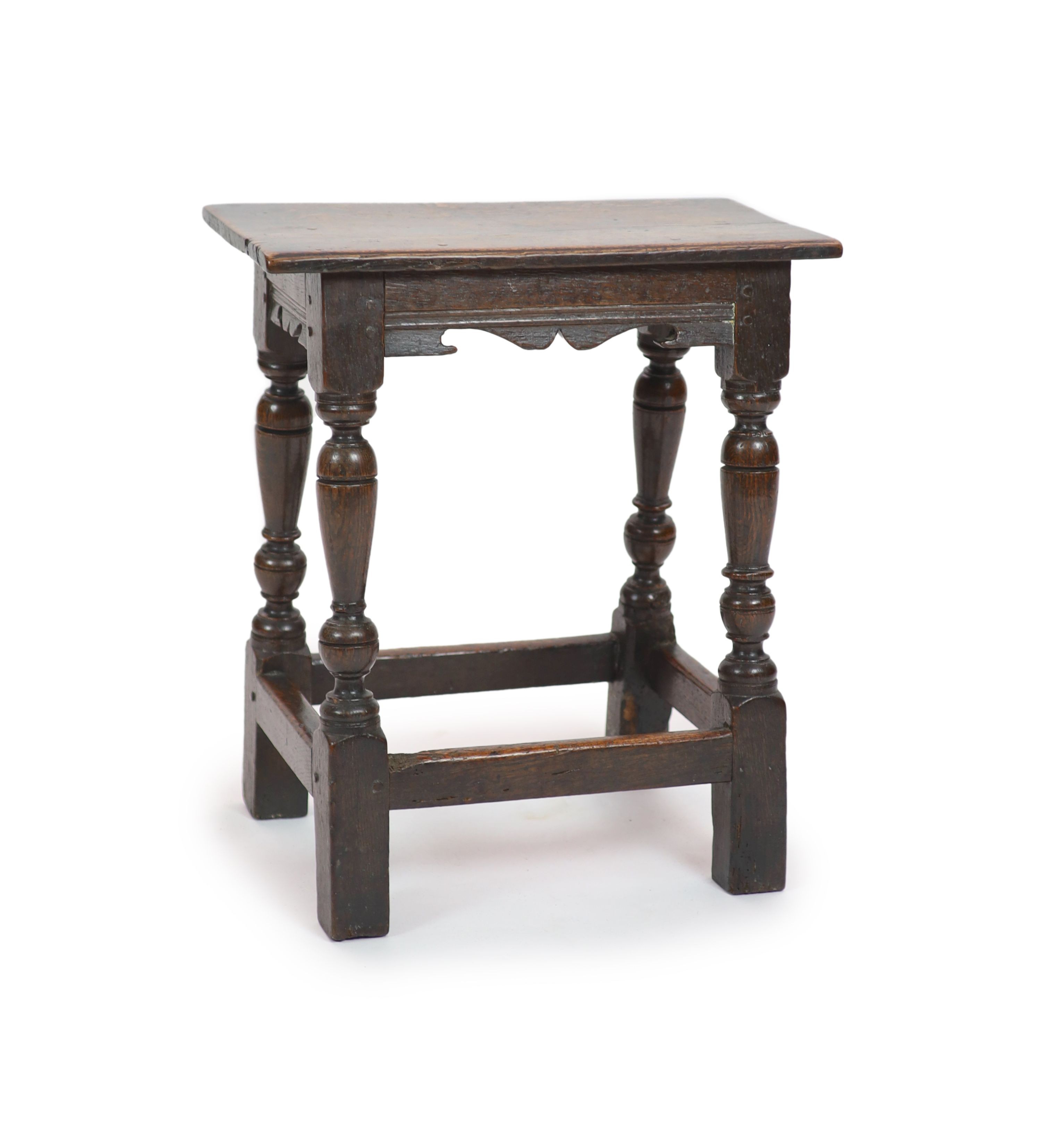 A Charles I oak joint stool, H 54cm. W 48cm. D 27cm.